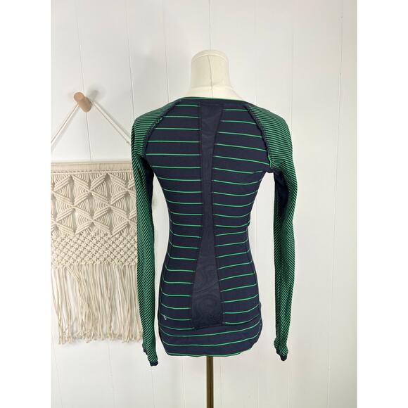 Lululemon Full Tilt Long Sleeve Shirt Womens 4/6 Slalom Stripe Green Navy - Picture 9 of 13